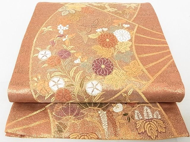 平和屋着物◎六通柄袋帯 檜扇草花紋 金糸 逸品 DAAG5684tw