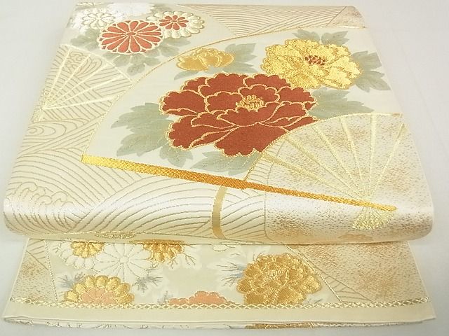平和屋着物◎六通柄袋帯 立波扇面花文 金糸 逸品 DAAG5740tw