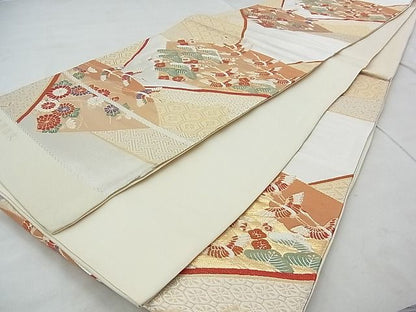 平和屋着物◎六通柄袋帯 唐織 群鶴扇面紋 金銀糸 逸品 BAAH5328if