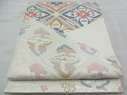 平和屋着物◎六通柄袋帯 唐織 向い鶴花菱文様 金銀糸 逸品 BAAH5327if