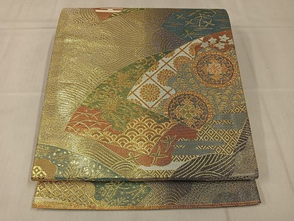 平和屋着物◎六通柄袋帯 地紙重ね吉祥文 金糸 正絹 逸品 AAAI7397Bnf