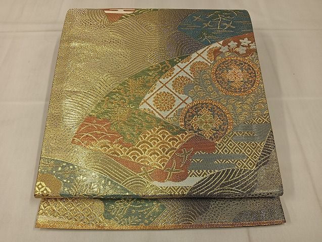 平和屋着物◎六通柄袋帯 地紙重ね吉祥文 金糸 正絹 逸品 AAAI7397Bnf