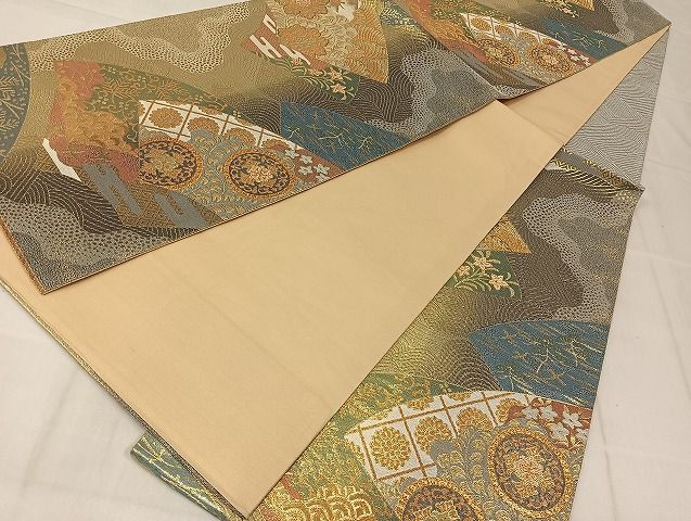 平和屋着物◎六通柄袋帯 地紙重ね吉祥文 金糸 正絹 逸品 AAAI7397Bnf