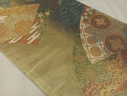 平和屋着物◎六通柄袋帯 地紙重ね吉祥文 金糸 正絹 逸品 AAAI7397Bnf