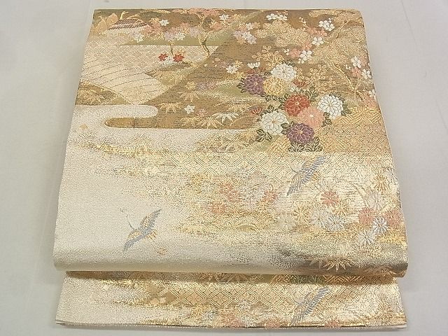 平和屋着物◎六通柄袋帯 唐織 風景飛鶴花文 金銀糸 逸品 DAAG5173jm