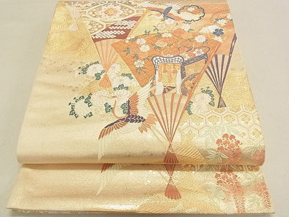 平和屋着物◎六通柄袋帯 扇面御所車飛鶴花文 金糸 逸品 DAAG0442ox