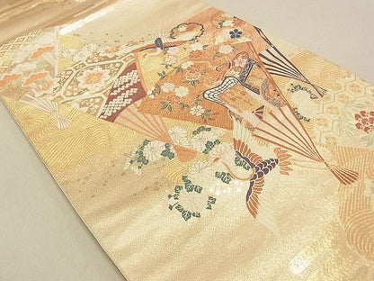 平和屋着物◎六通柄袋帯 扇面御所車飛鶴花文 金糸 逸品 DAAG0442ox