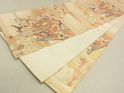 平和屋着物◎六通柄袋帯 扇面御所車飛鶴花文 金糸 逸品 DAAG0442ox