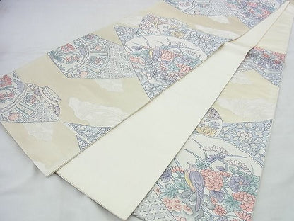 平和屋着物◎六通柄袋帯 唐織 陶器花鳥絵皿 金糸 逸品 BAAI4443jm