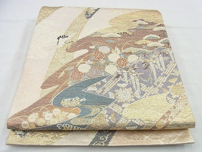 平和屋着物◎西陣の名門織元 いづくら謹製 六通柄袋帯 飛鶴流水草花文 金糸 逸品 BAAI4440jm