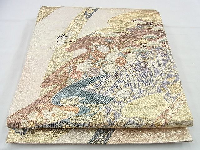 平和屋着物◎西陣の名門織元 いづくら謹製 六通柄袋帯 飛鶴流水草花文 金糸 逸品 BAAI4440jm