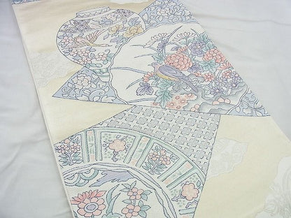 平和屋着物◎六通柄袋帯 唐織 陶器花鳥絵皿 金糸 逸品 BAAI4443jm