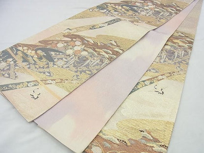 平和屋着物◎西陣の名門織元 いづくら謹製 六通柄袋帯 飛鶴流水草花文 金糸 逸品 BAAI4440jm