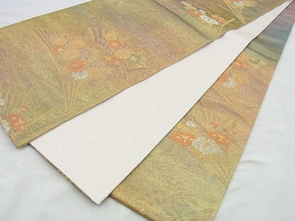 平和屋着物◎六通柄袋帯 作家物 扇面花文 金糸 逸品 BAAI4453jm