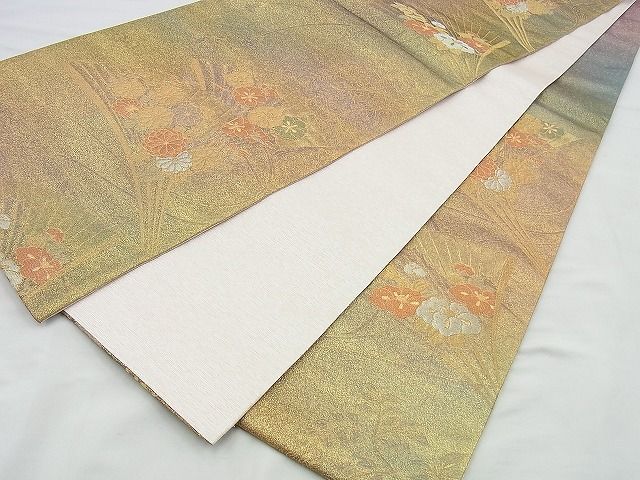 平和屋着物◎六通柄袋帯 作家物 扇面花文 金糸 逸品 BAAI4453jm