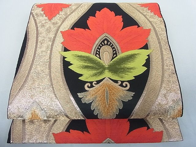 平和屋着物◎六通柄袋帯 立涌花文 黒地 金糸 逸品 DAAH4019cf