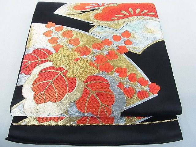 平和屋着物◎六通柄袋帯 地紙吉祥花文 黒地 金銀糸 逸品 DAAH4035cf