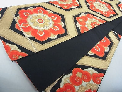 平和屋着物◎六通柄袋帯 亀甲花文 黒地 金銀糸 逸品 DAAH4039cf