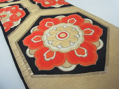 平和屋着物◎六通柄袋帯 亀甲花文 黒地 金銀糸 逸品 DAAH4039cf