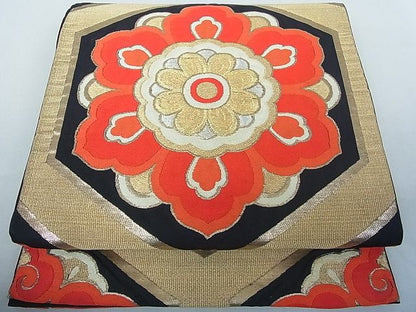 平和屋着物◎六通柄袋帯 亀甲花文 黒地 金銀糸 逸品 DAAH4039cf