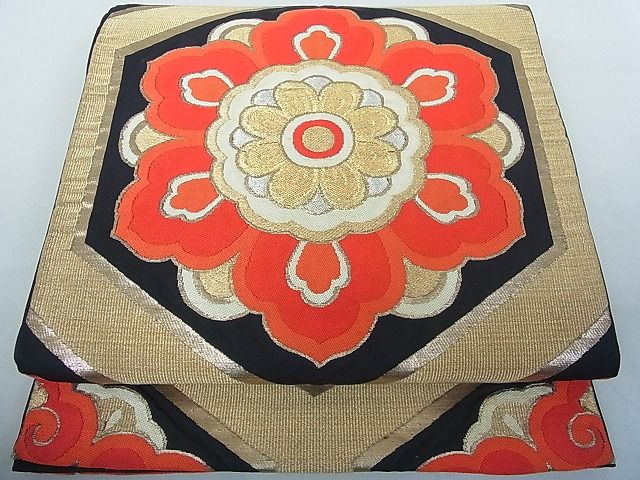 平和屋着物◎六通柄袋帯 亀甲花文 黒地 金銀糸 逸品 DAAH4039cf