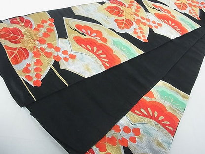平和屋着物◎六通柄袋帯 地紙吉祥花文 黒地 金銀糸 逸品 DAAH4035cf