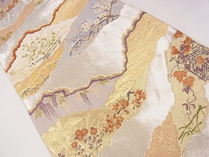平和屋着物◎六通柄袋帯 唐織 よしと織 露芝籬草花文 金銀糸 逸品 CAAG2294eg