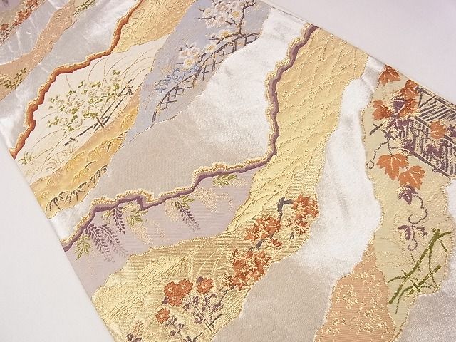 平和屋着物◎六通柄袋帯 唐織 よしと織 露芝籬草花文 金銀糸 逸品 CAAG2294eg
