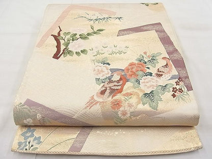平和屋着物◎六通柄袋帯 唐織 色紙花鳥文 金糸 逸品 BAAI1142sa