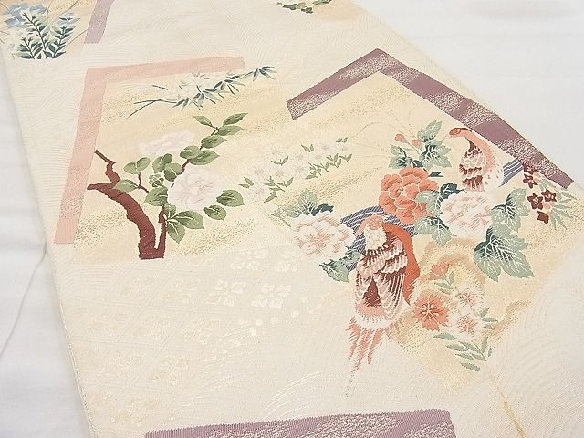平和屋着物◎六通柄袋帯 唐織 色紙花鳥文 金糸 逸品 BAAI1142sa