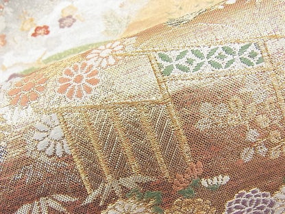 平和屋着物◎六通柄袋帯 流水四季草花文 金銀糸 逸品 BAAI1164sa
