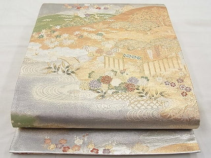 平和屋着物◎六通柄袋帯 流水四季草花文 金銀糸 逸品 BAAI1164sa