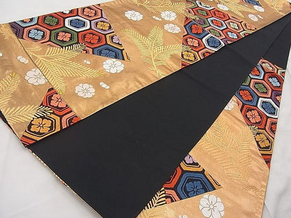 平和屋着物◎六通柄袋帯　唐織　若松亀甲文　黒地　金糸　引箔　逸品　BAAI1182sa