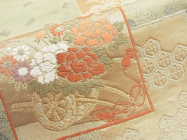 平和屋着物◎六通柄袋帯 唐織 色紙吉祥花車文 金糸 逸品 BAAI1190sa