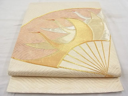 平和屋着物◎太鼓柄袋帯 駒刺繍 扇面飛鶴文 金銀糸 逸品 BAAI1201sa
