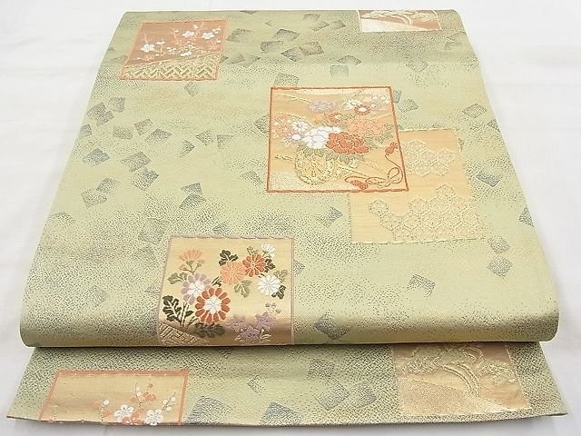 平和屋着物◎六通柄袋帯 唐織 色紙吉祥花車文 金糸 逸品 BAAI1190sa