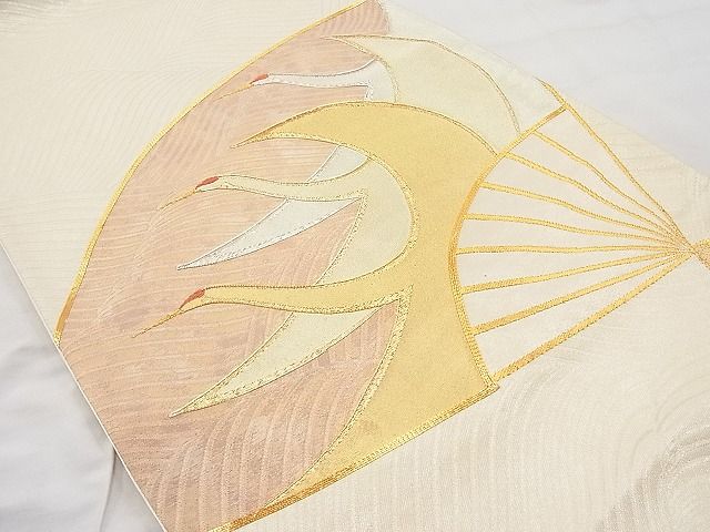 平和屋着物◎太鼓柄袋帯 駒刺繍 扇面飛鶴文 金銀糸 逸品 BAAI1201sa