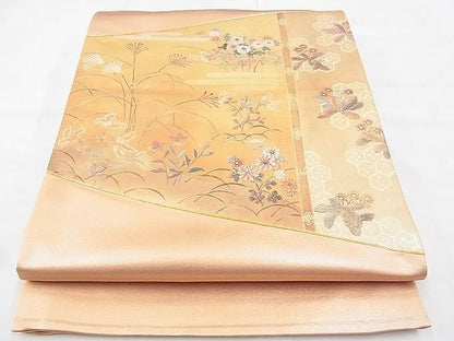 平和屋着物◎太鼓柄袋帯 手描き 駒刺繍 屏風秋草文 金糸 引箔 逸品 BAAI2017ns