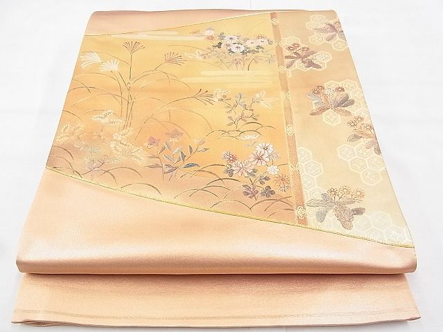 平和屋着物◎太鼓柄袋帯 手描き 駒刺繍 屏風秋草文 金糸 引箔 逸品 BAAI2017ns
