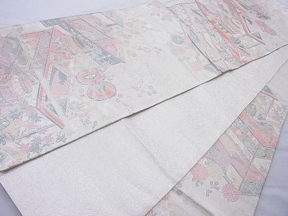 平和屋着物◎佐賀錦　六通柄袋帯　器物文様　900織　金銀糸　逸品　BAAH6123cm