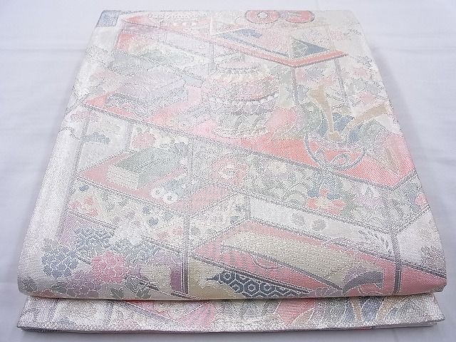 平和屋着物◎佐賀錦　六通柄袋帯　器物文様　900織　金銀糸　逸品　BAAH6123cm