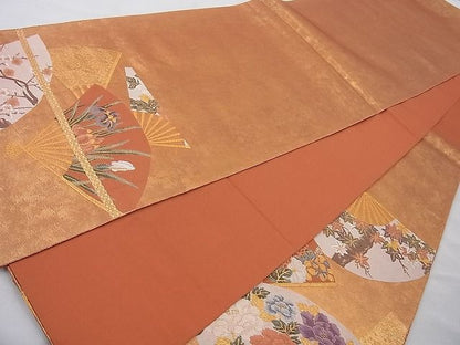 平和屋着物◎六通柄袋帯 唐織 扇面散らし花文 金糸 三越扱い 逸品 BAAI4050cm