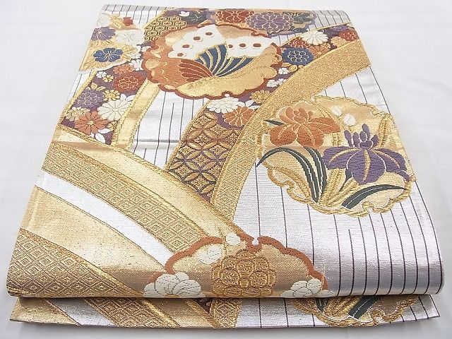 平和屋着物◎六通柄袋帯 唐織 雪輪花蝶文 金銀糸 逸品 BAAI4049cm