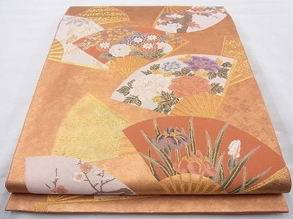 平和屋着物◎六通柄袋帯 唐織 扇面散らし花文 金糸 三越扱い 逸品 BAAI4050cm