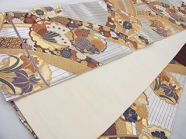 平和屋着物◎六通柄袋帯 唐織 雪輪花蝶文 金銀糸 逸品 BAAI4049cm