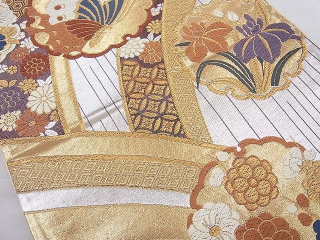 平和屋着物◎六通柄袋帯 唐織 雪輪花蝶文 金銀糸 逸品 BAAI4049cm