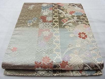 平和屋着物◎六通柄袋帯 唐織 雪輪草花文 金糸 逸品 BAAI4066cm