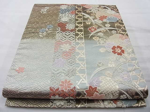 平和屋着物◎六通柄袋帯 唐織 雪輪草花文 金糸 逸品 BAAI4066cm