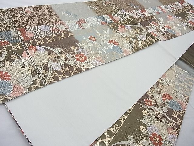 平和屋着物◎六通柄袋帯 唐織 雪輪草花文 金糸 逸品 BAAI4066cm