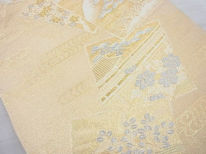 平和屋着物◎六通柄袋帯 唐織 色紙散らし風景文 金糸 逸品 BAAI4078cm